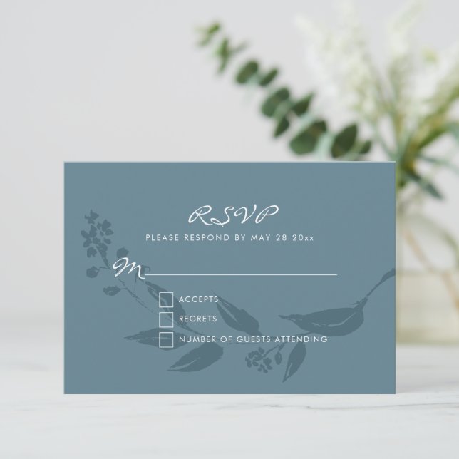 Elegant Botanical Teal Blue Silhouette Wedding  RSVP Card (Standing Front)