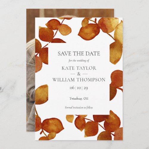 Elegant Botanical Terracotta Leaves Photo Save The Date