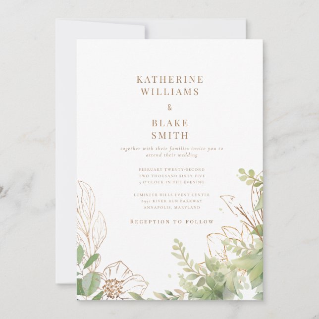 Elegant Botanical Together With Gold Text Wedding  Invitation (Front)