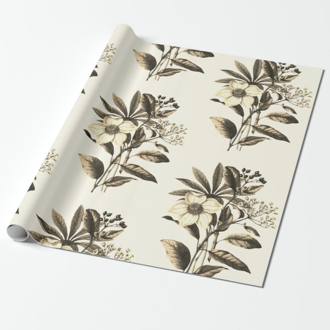 Elegant Botanical Vintage Christmas Rose  Wrapping Paper (Unrolled)