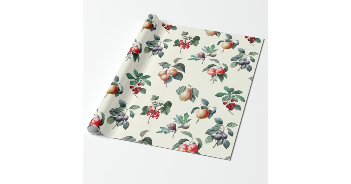 Elegant Botanical Vintage Fruit on White Wrapping Paper | Zazzle