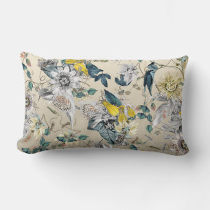 Elegant Botanical Vintage Yellow Gray Floral Lumbar Pillow
