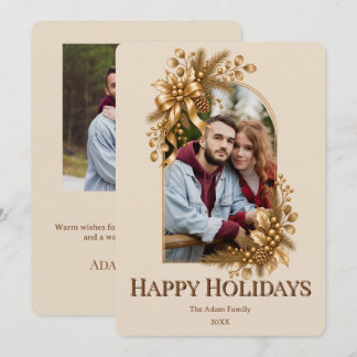 Elegant Botanical Warm Ivory Gold 2 Photo Holiday Card