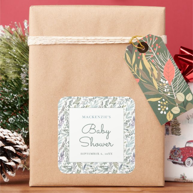 Elegant Botanical Watercolor Baby Shower Square Sticker (Holiday)