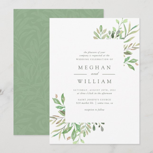 Elegant Botanical Watercolor Greenery Wedding Invitation (Front/Back)