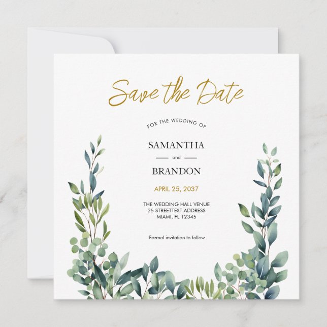 Elegant botanical Watercolor Greenery Wedding Save The Date (Front)
