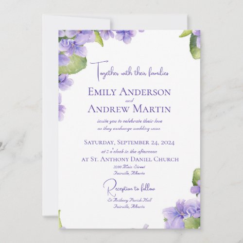 Elegant Botanical Watercolor Violets Wedding  Invitation