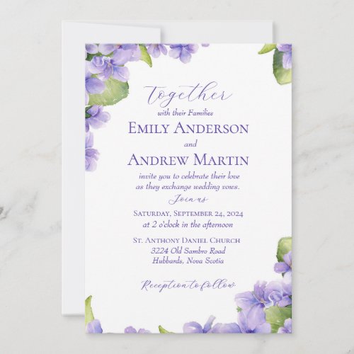 Elegant Botanical Watercolor Violets Wedding Invitation