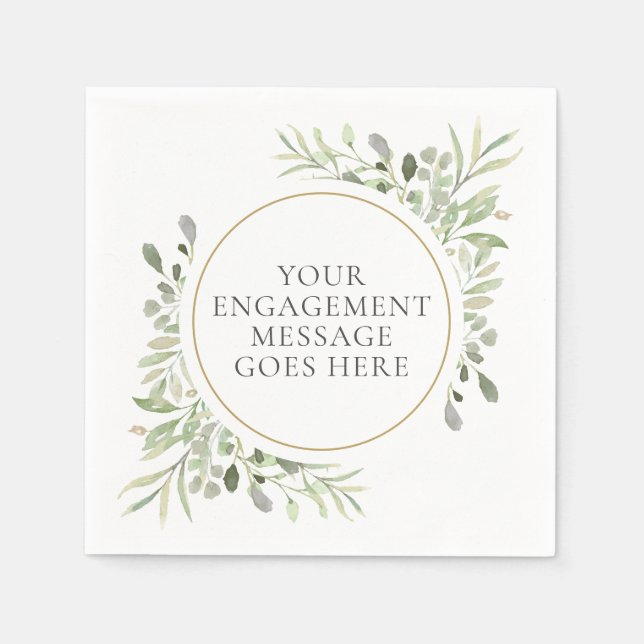 Elegant Botanical Watercolour Greenery Engagement Napkins (Front)