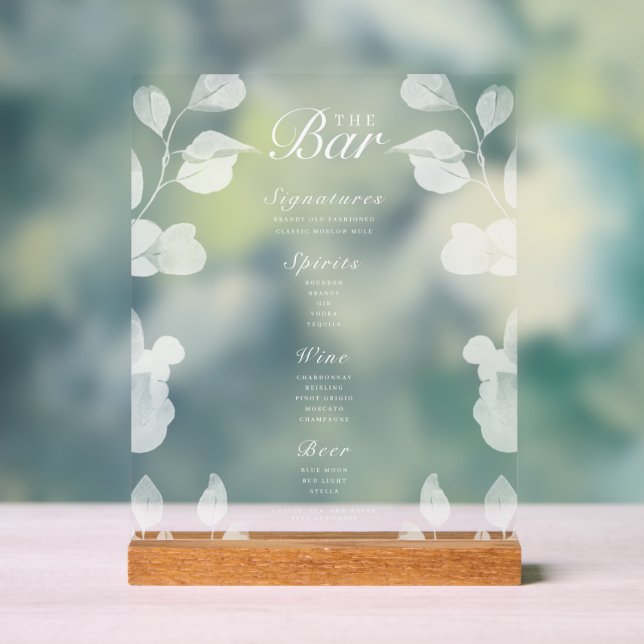 Elegant Botanical Wedding Bar Menu Acrylic Sign (Neutral)