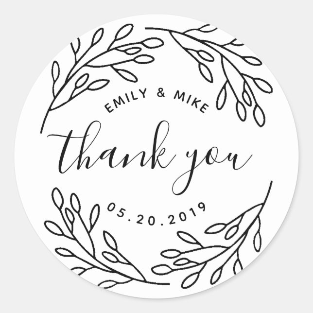 Elegant Botanical Wedding Favor Thank You Classic Round Sticker (Front)