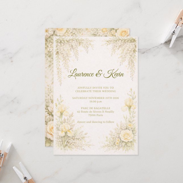 Elegant Botanical Wedding Invitation Green Floral  (Front/Back In Situ)