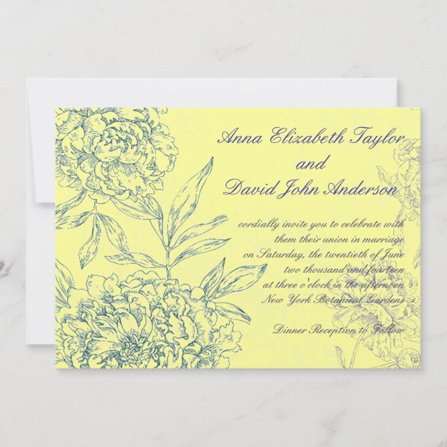 Elegant Botanical Wedding Invitations Yellow Blue (Front)