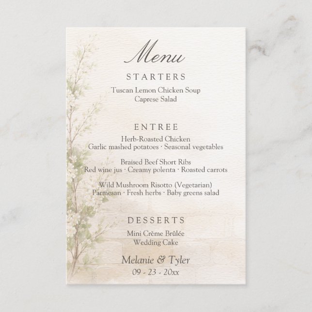 Elegant Botanical Wedding Menu Card (Front)