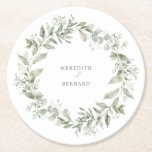 Elegant Botanical Wedding Round Paper Coaster<br><div class="desc">Elevate your wedding with the Elegant Botanical Wedding Round Paper Coaster design, a timeless fusion of a verdant watercolor floral garden and refined sophistication. This modern classic design features delicate botanical elements of intertwined lush eucalyptus and graceful white florals, evoking the romance of nature in every season—spring, summer, fall, or...</div>