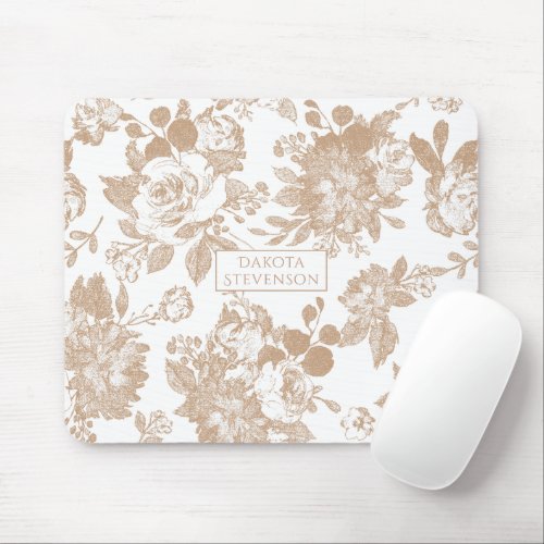 Elegant Botanical  White and Rose Gold Floral Mouse Pad