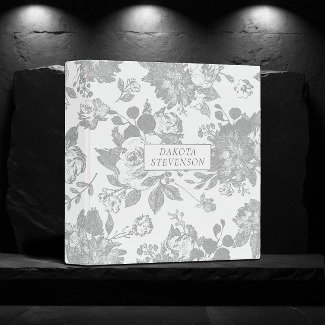 Elegant Botanical | White and Silver Floral Photo 3 Ring Binder (Creator Uploaded)