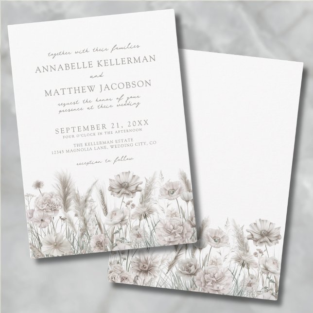 Elegant Botanical White Floral Boho Wedding Invitation (Elegant Botanical Pampas Floral Boho Wedding Invitation)