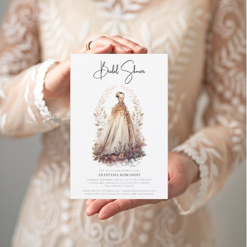Elegant Botanical White Gown Bridal Shower  Invitation
