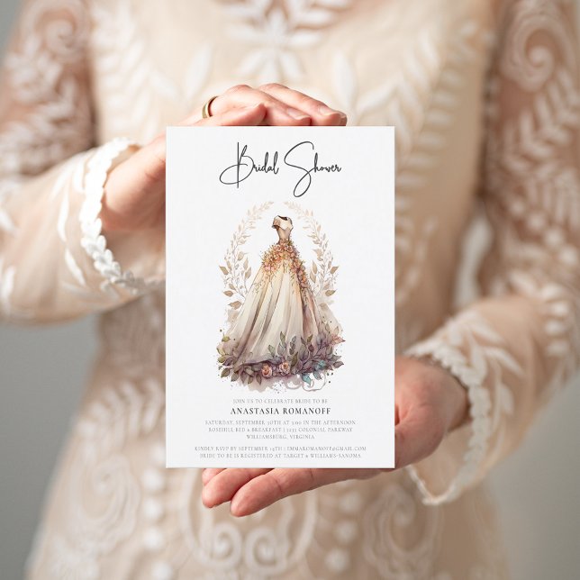 Elegant Botanical White Gown Bridal Shower  Invitation (Creator Uploaded)