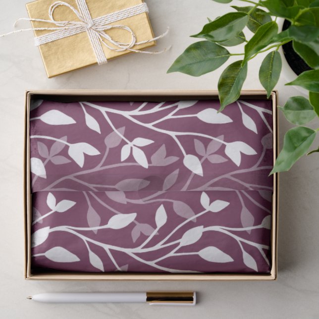 Elegant Botanical White Leaf Silhouette on Plum Tissue Paper (Gift)