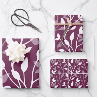 Elegant Botanical White Silhouette on Plum Wrapping Paper Sheets