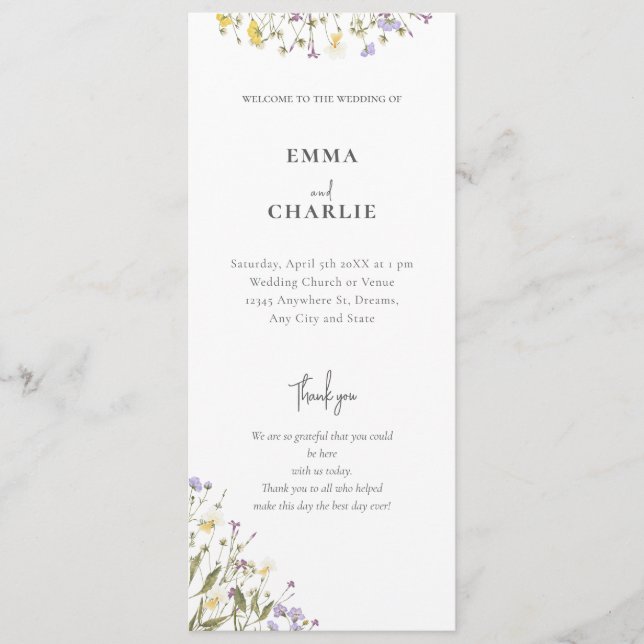 Elegant botanical wildflower Script Wedding Program (Front)