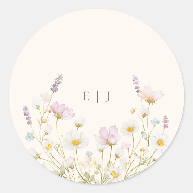 Elegant Botanical Wildflowers Monogram Wedding Classic Round Sticker (Front)