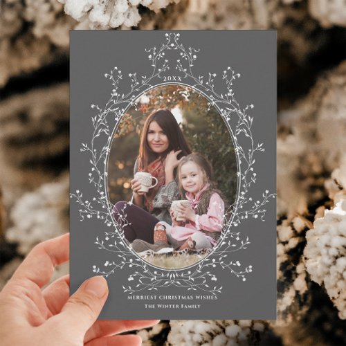 Elegant Botanical Wreath Christmas Photo Gray Holiday Card