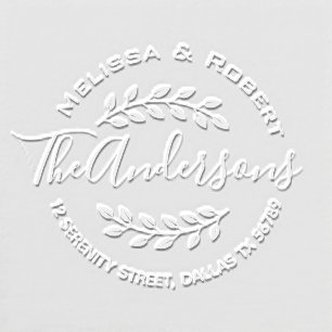 Elegant Botanical Wreath Family Name Round Address Embosser