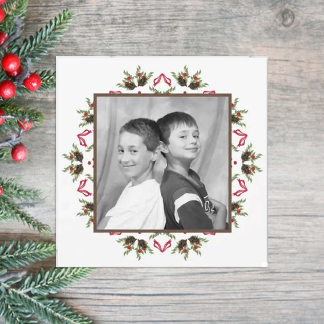 Elegant Botanical Wreath Modern Red Green Photo Holiday Card (Creator Uploaded)