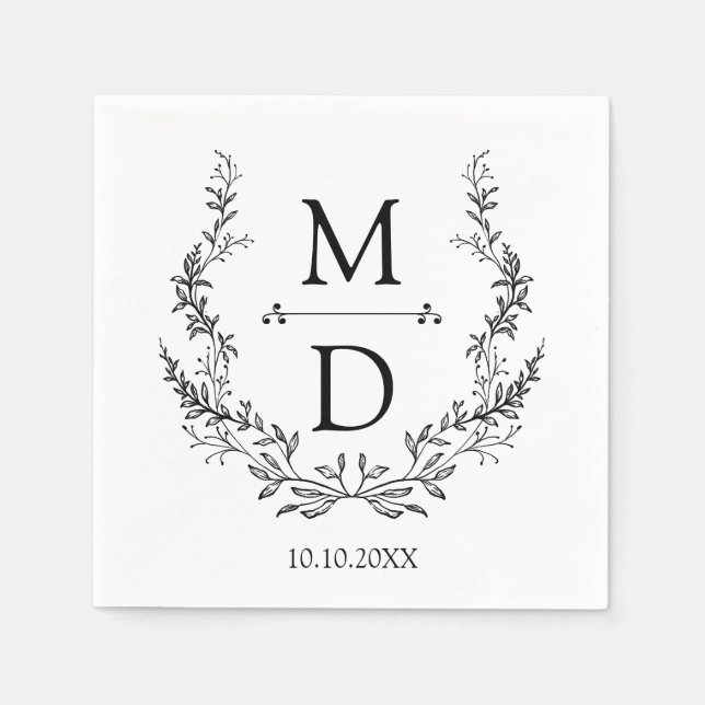 Elegant Botanical Wreath Monogram Wedding  Napkins (Front)