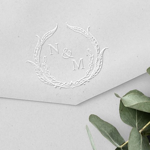 Elegant Botanical Wreath Wedding Monogram Embosser