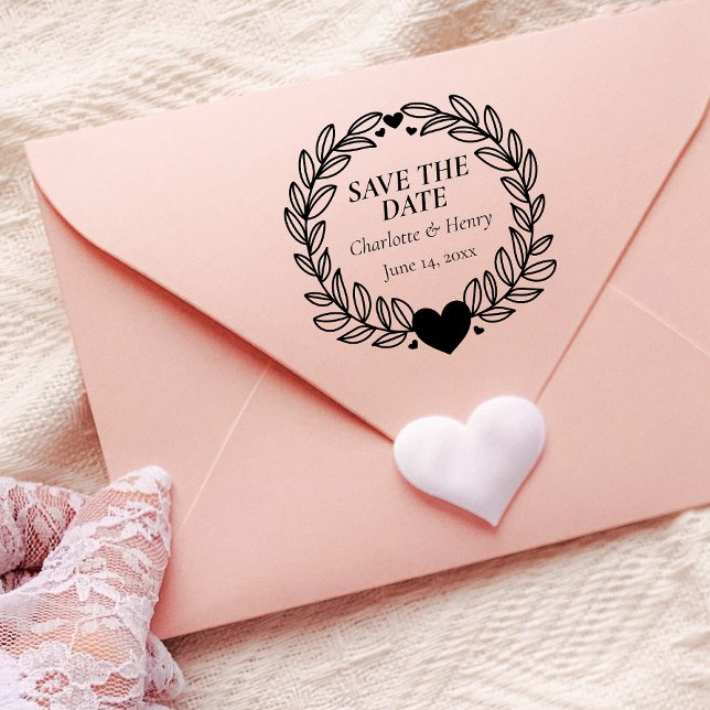 Elegant Botanical Wreath Wedding Save The Date Rubber Stamp (save the date heart wreath)