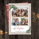Elegant Botanicals Christmas Typography 3 Pictures Holiday Card<br><div class="desc">This Christmas card features elegant script typography and space for 3 photos. The design is accented with holiday greenery and berries on a linen border.</div>