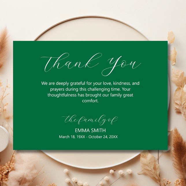 Elegant Bottle Green Traditional Funeral Sympathy  Thank You Card (Creator Uploaded)