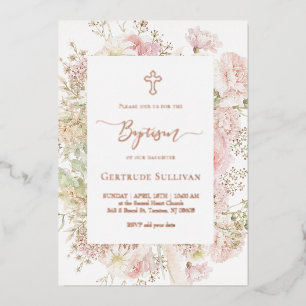 elegant bouquet Baptism Foil Invitation