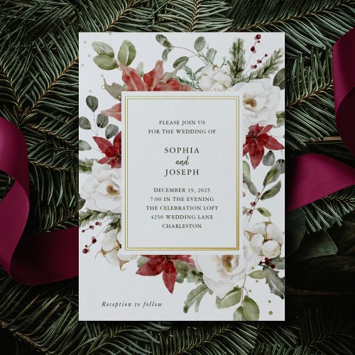 Elegant Bouquet  Christmas Holiday Wedding Gold Foil Invitation