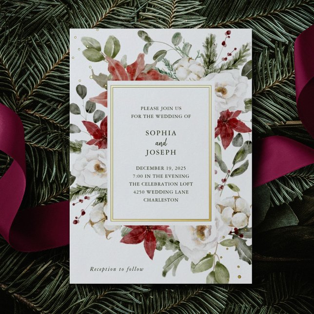Elegant Bouquet | Christmas Holiday Wedding Gold Foil Invitation (A beautiful, elegant Christmas wedding invitation with shimmering gold foil accents)
