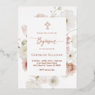elegant bouquet frame Baptism Foil Invitation