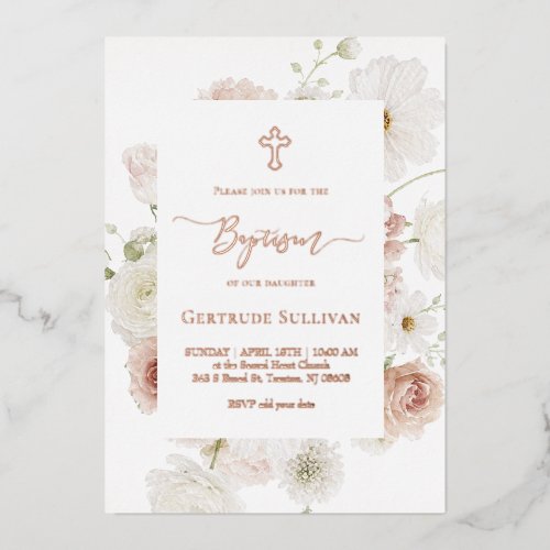 elegant bouquet frame Baptism Foil Invitation