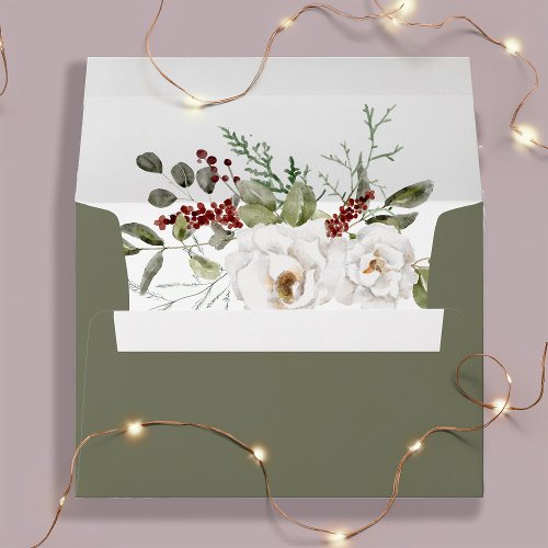 Elegant Bouquet  Green Christmas Holiday Wedding Envelope