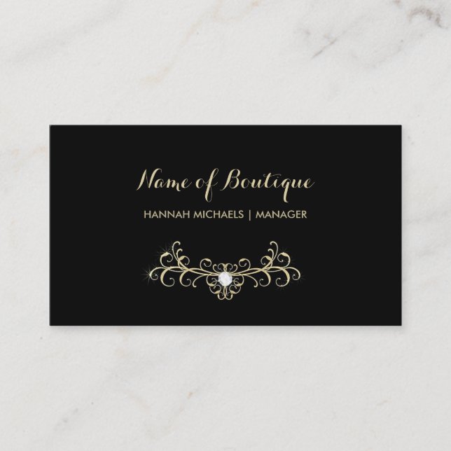 Elegant Boutique Black and Gold Diamond Sparkles Business Card (Front)