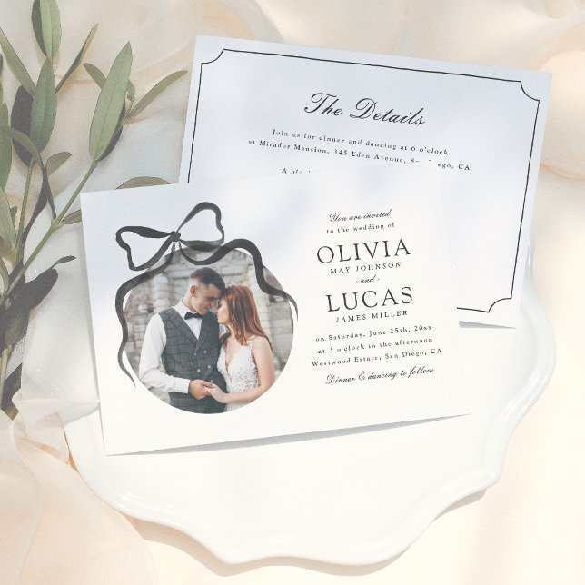 Elegant Bow All-In-One Black & White Photo Wedding Invitation (Creator Uploaded)
