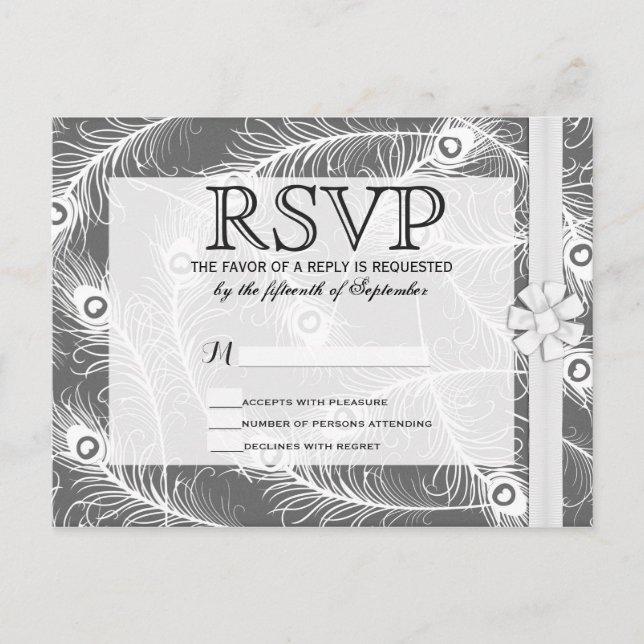 Elegant Bow and Fancy Peacock Feathers Pattern Invitation Postcard (Front)