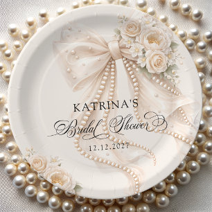 Elegant Bow and Pearl Pastel Bridal Shower Paper Plates