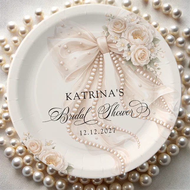 Elegant Bow and Pearl Pastel Bridal Shower Paper Plates | Zazzle