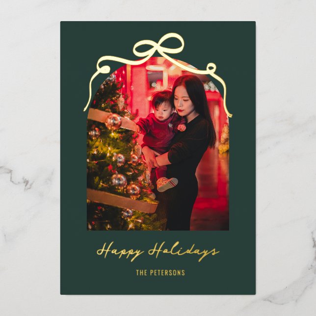 Elegant Bow Arch Chic Green Christmas Photo Gold Foil Holiday Card (Front)