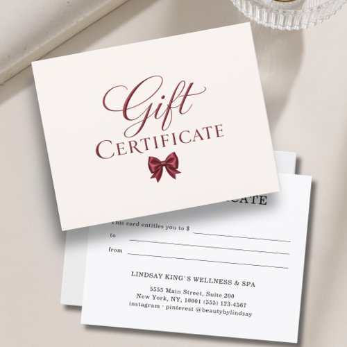 Elegant Bow Beige Red Gift Certificate