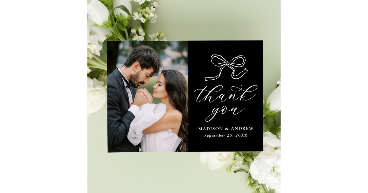 Elegant Bow Black and White Photo Wedding Thank You Card | Zazzle